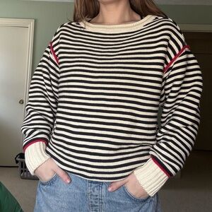We The Free Black & Cream Striped Crewneck Asher Sweater with Red Trim